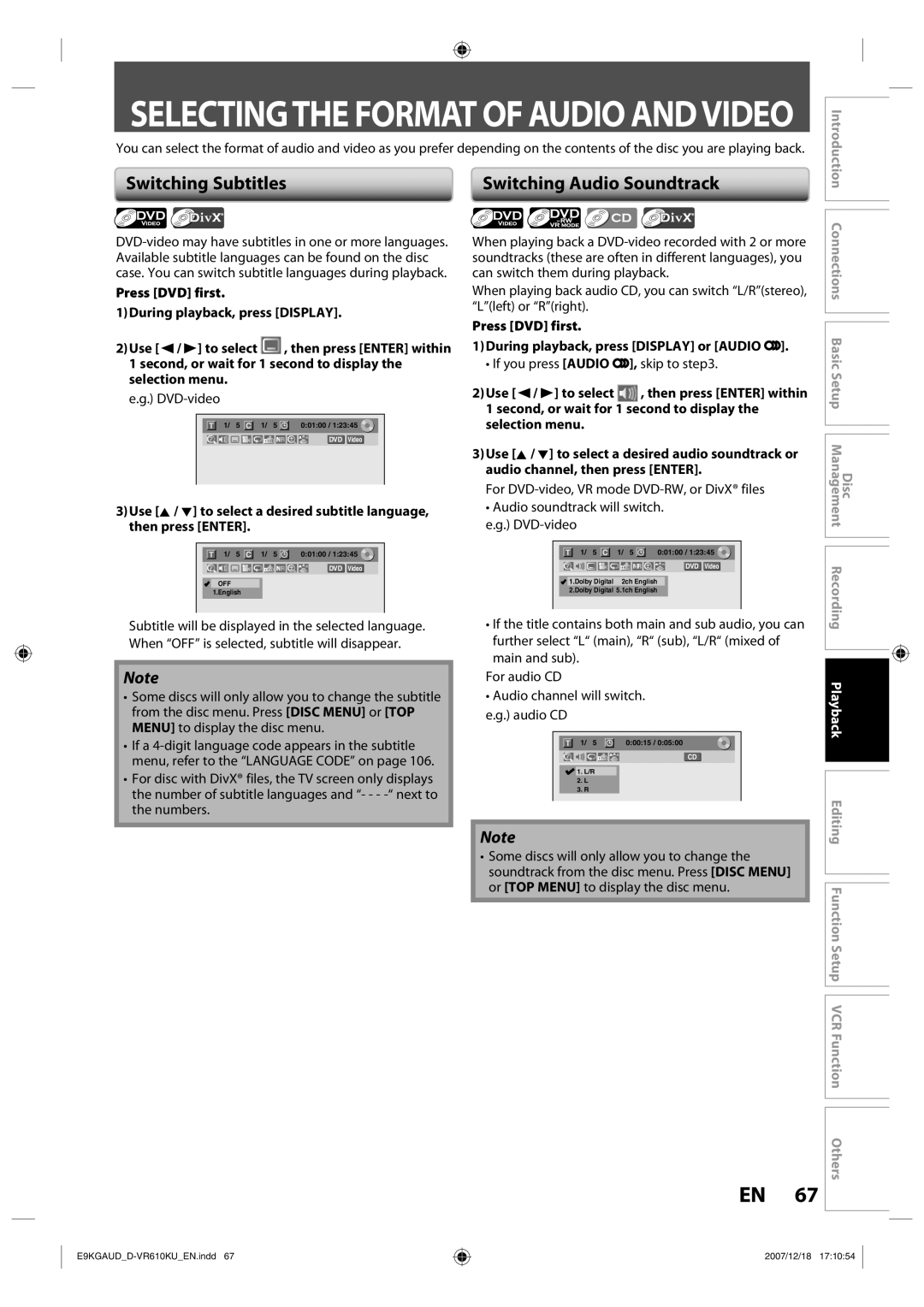 Toshiba D-VR610KU owner manual Switching Subtitles, Switching Audio Soundtrack 