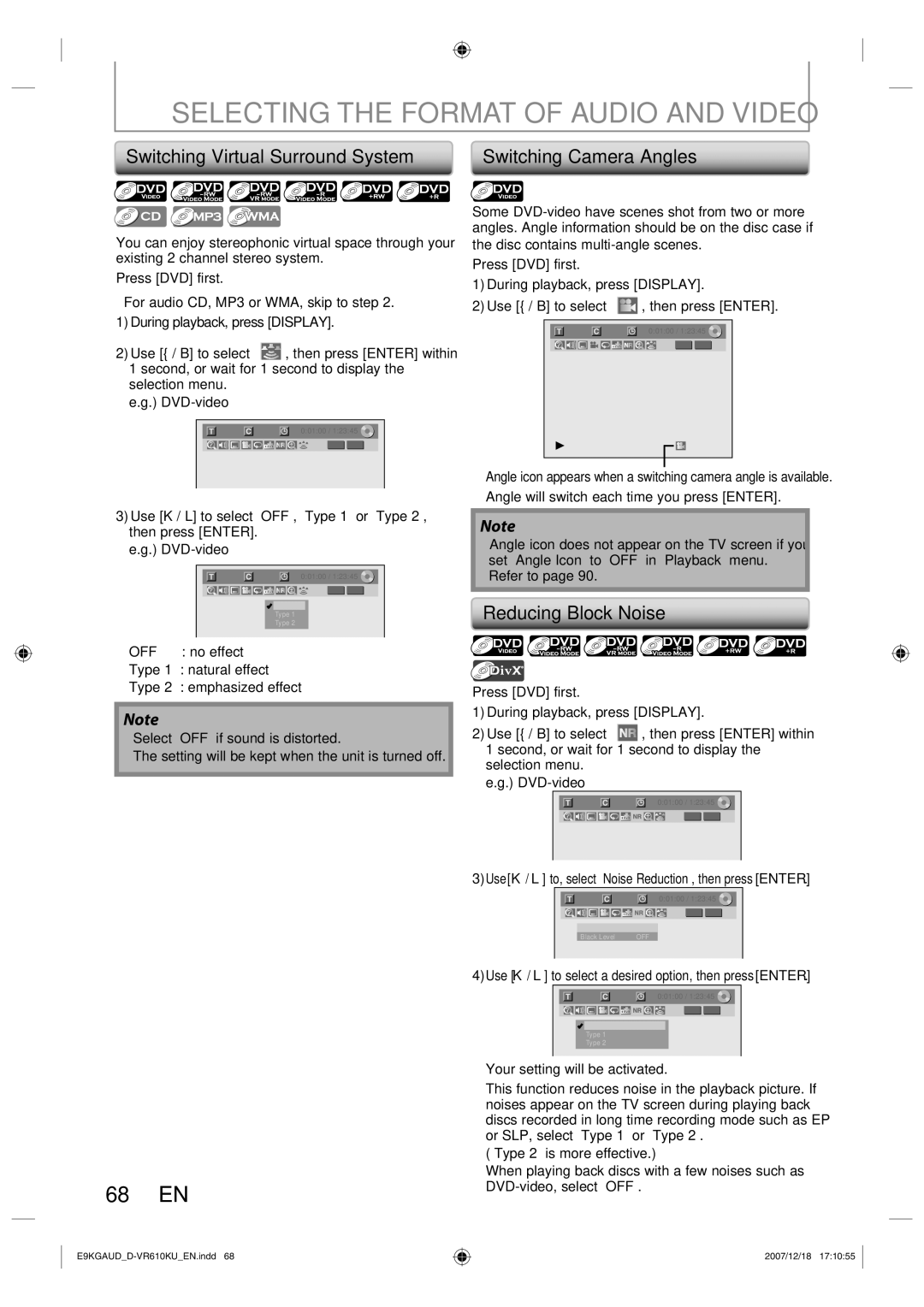 Toshiba D-VR610KU Selecting the Format of Audio and Video, Switching Virtual Surround System Switching Camera Angles 