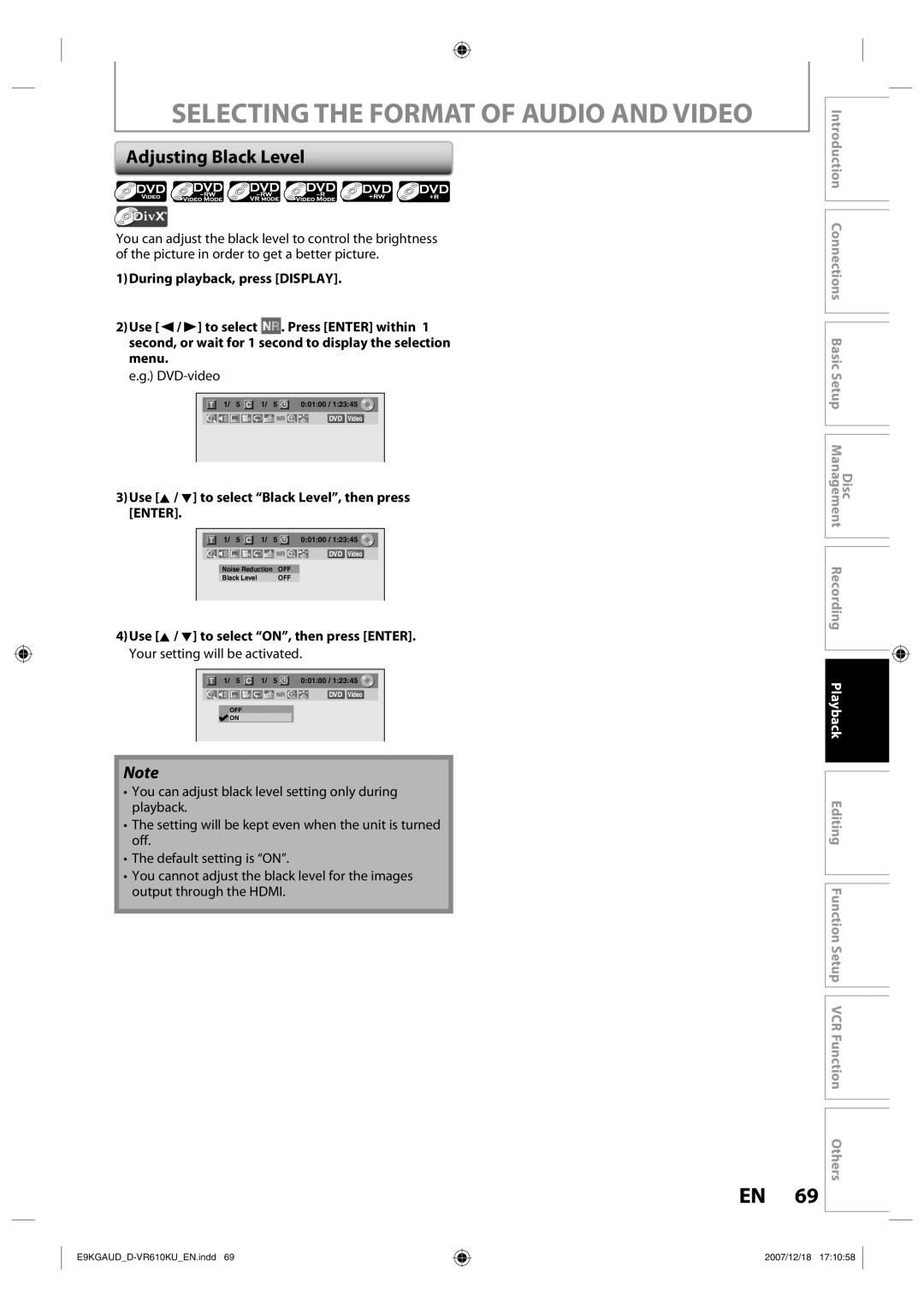 Toshiba D-VR610KU owner manual Adjusting Black Level, Use K / L to select Black Level, then press Enter 