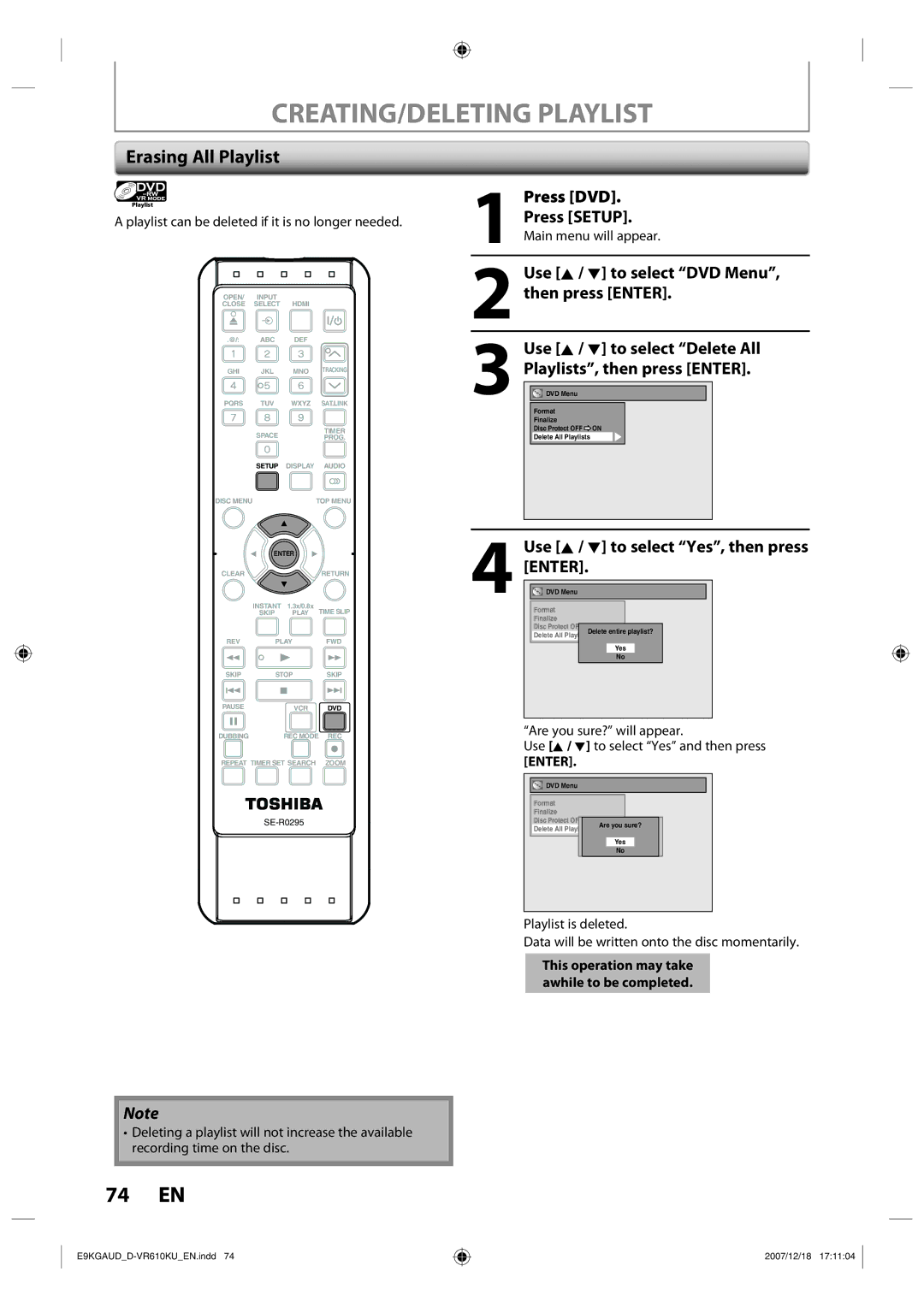 Toshiba D-VR610KU CREATING/DELETING Playlist, Erasing All Playlist, Use K / L to select Yes, then press ENTER.DVD Menu 