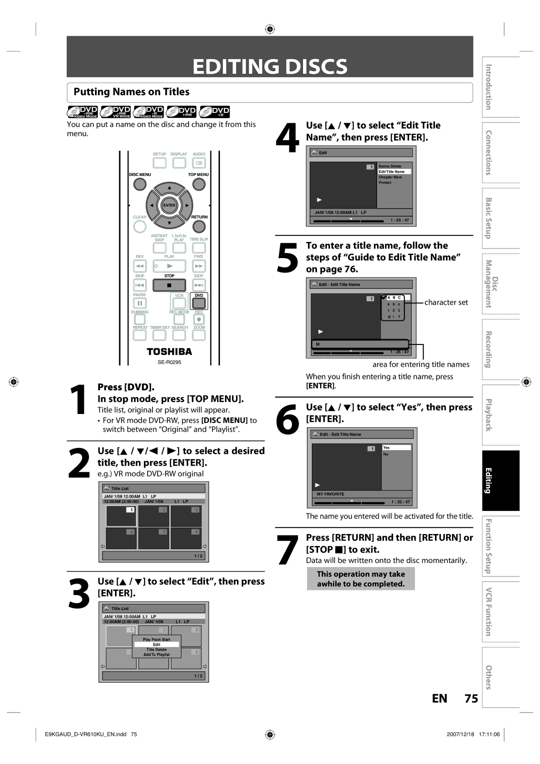 Toshiba D-VR610KU owner manual Editing Discs, Putting Names on Titles 