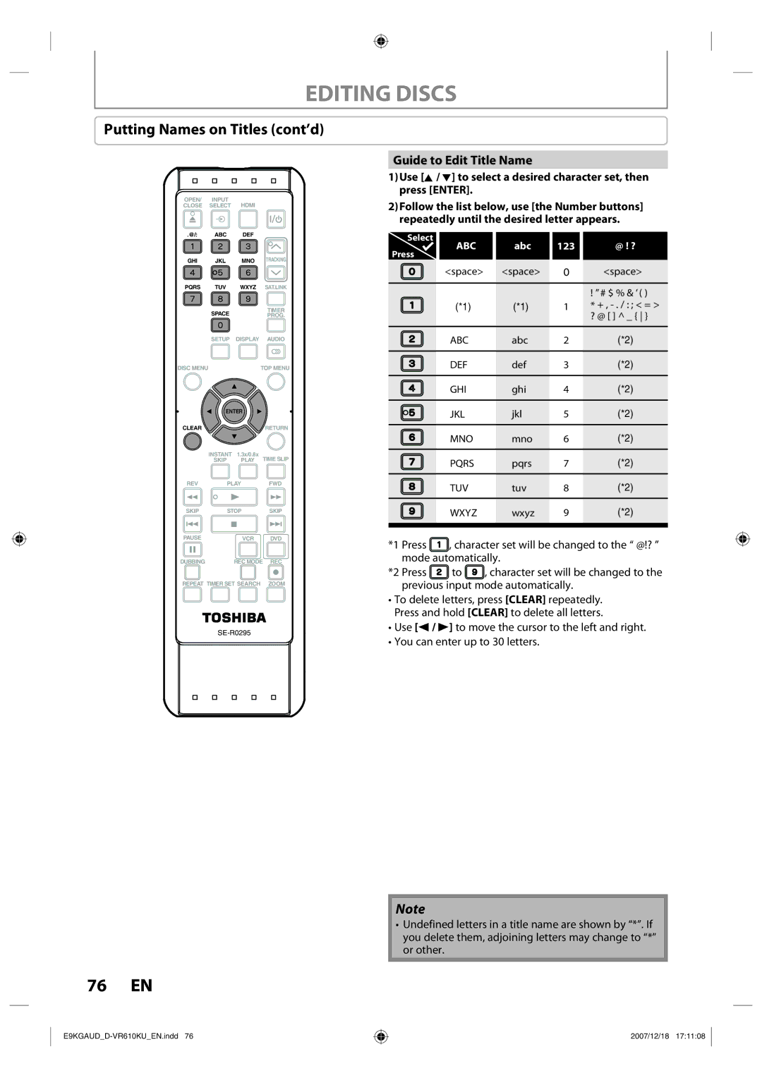 Toshiba D-VR610KU owner manual Editing Discs, Putting Names on Titles cont’d, Guide to Edit Title Name 