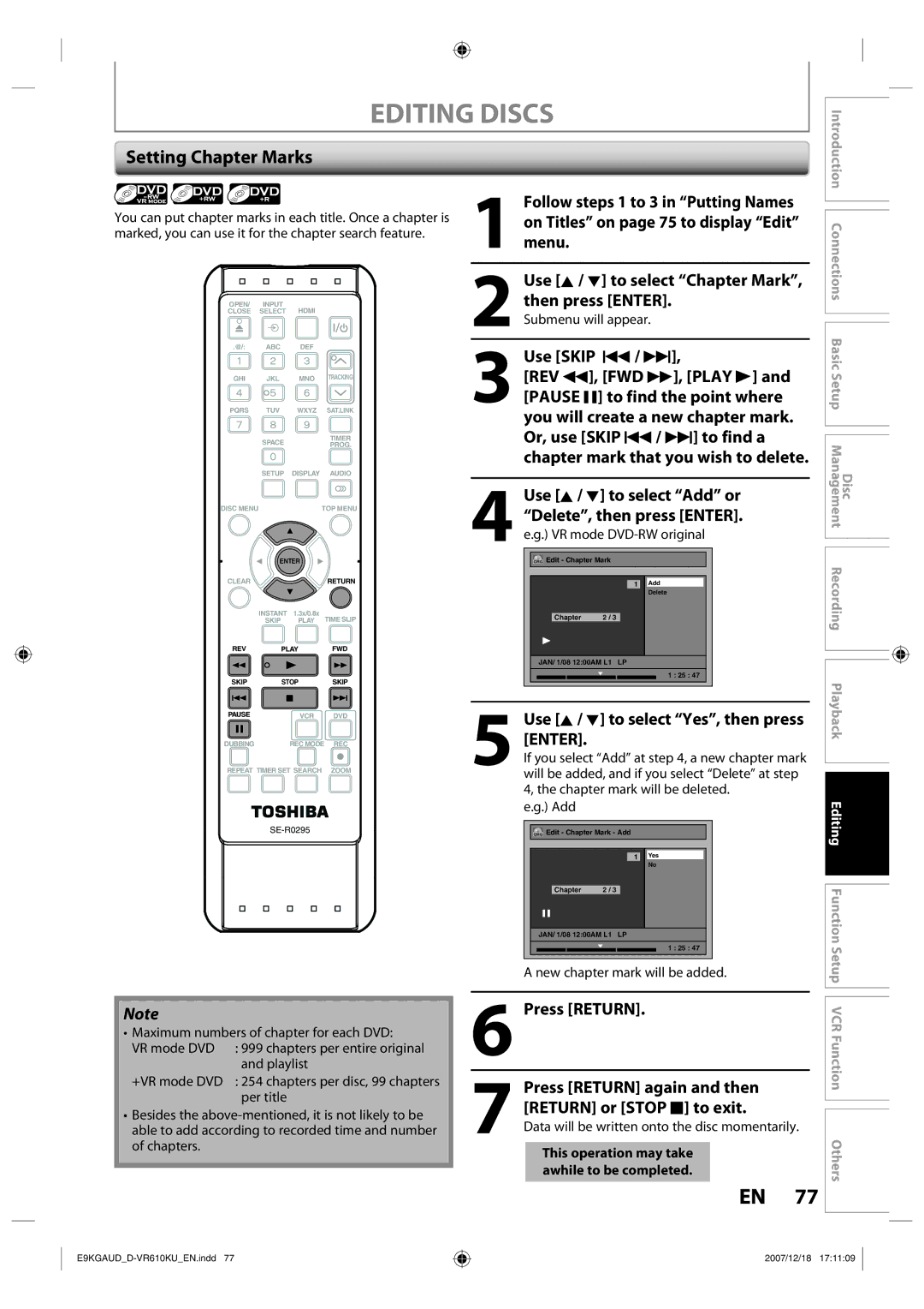 Toshiba D-VR610KU owner manual Setting Chapter Marks, Use Skip H / G, Press Return 