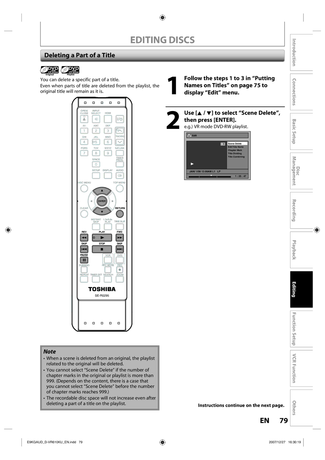 Toshiba D-VR610KU owner manual Deleting a Part of a Title, VR mode DVD-RW playlist 