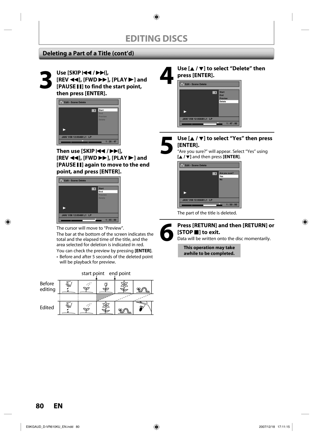 Toshiba D-VR610KU owner manual Deleting a Part of a Title cont’d, Use K / L to select Delete then press Enter 