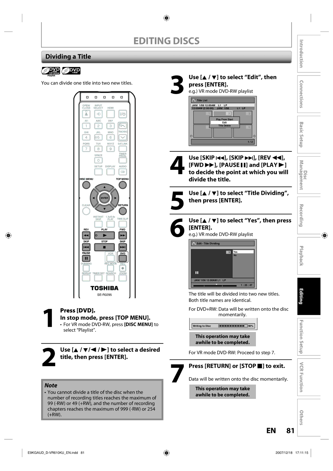 Toshiba D-VR610KU owner manual Dividing a Title, Press DVD Stop mode, press TOP Menu 