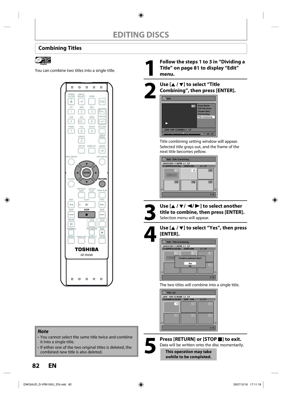 Toshiba D-VR610KU owner manual Combining Titles, You can combine two titles into a single title 