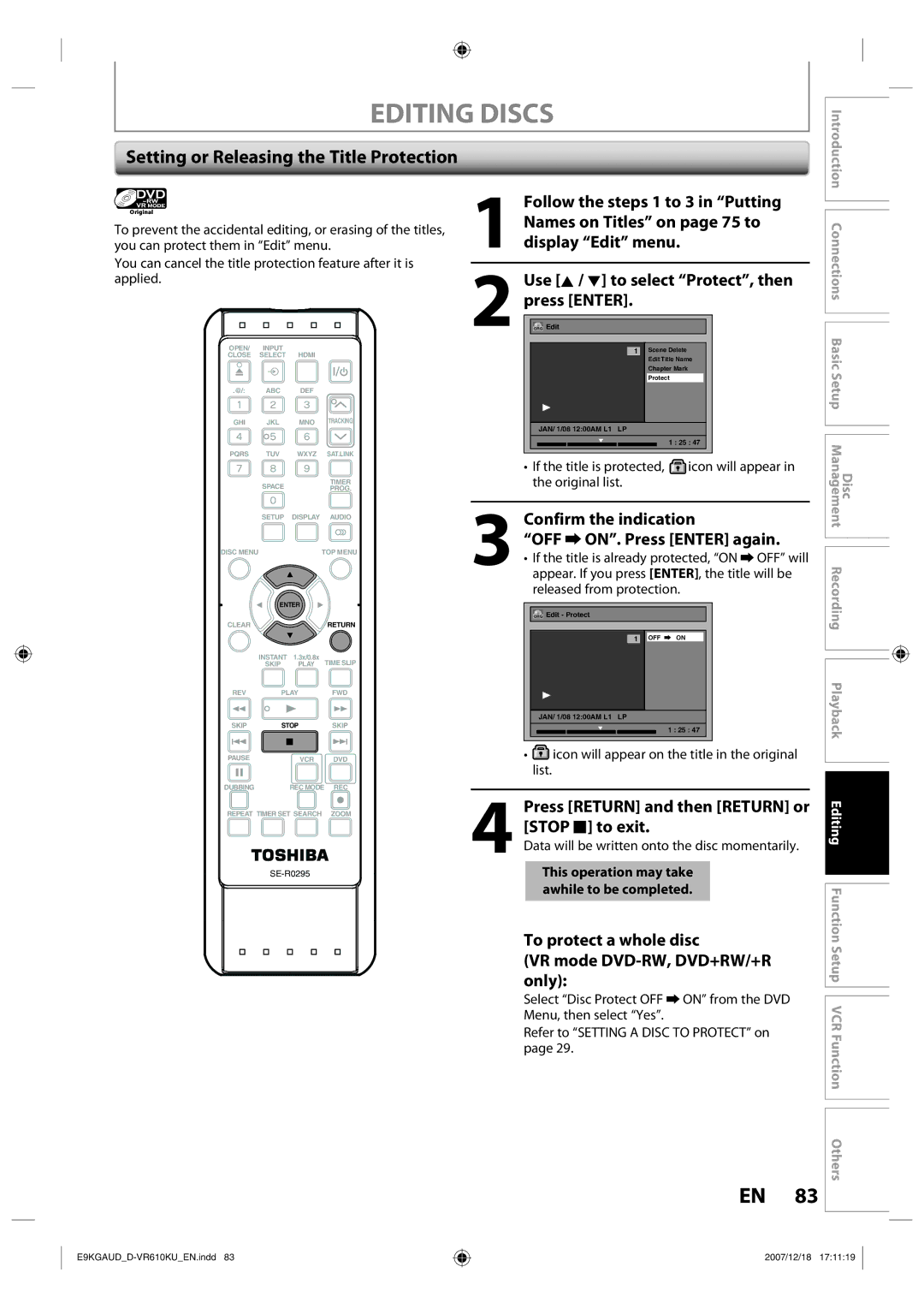 Toshiba D-VR610KU owner manual Setting or Releasing the Title Protection, Confirm the indication OFF ON. Press Enter again 