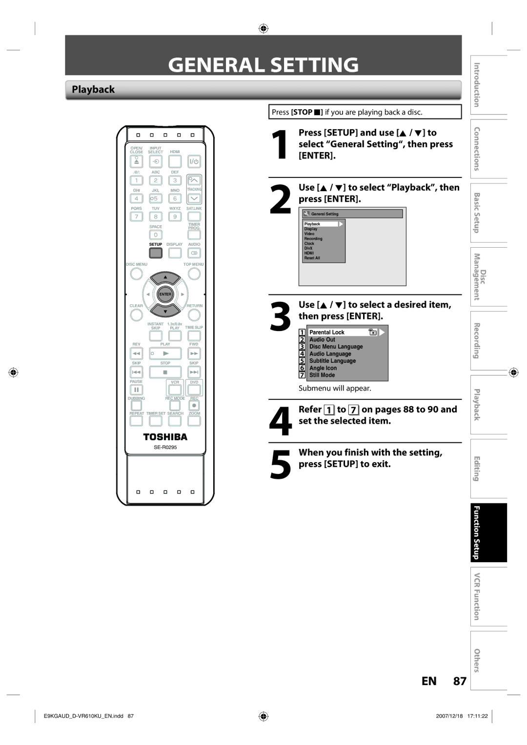 Toshiba D-VR610KU owner manual General Setting, Playback, Use K / L to select a desired item, Then press Enter 