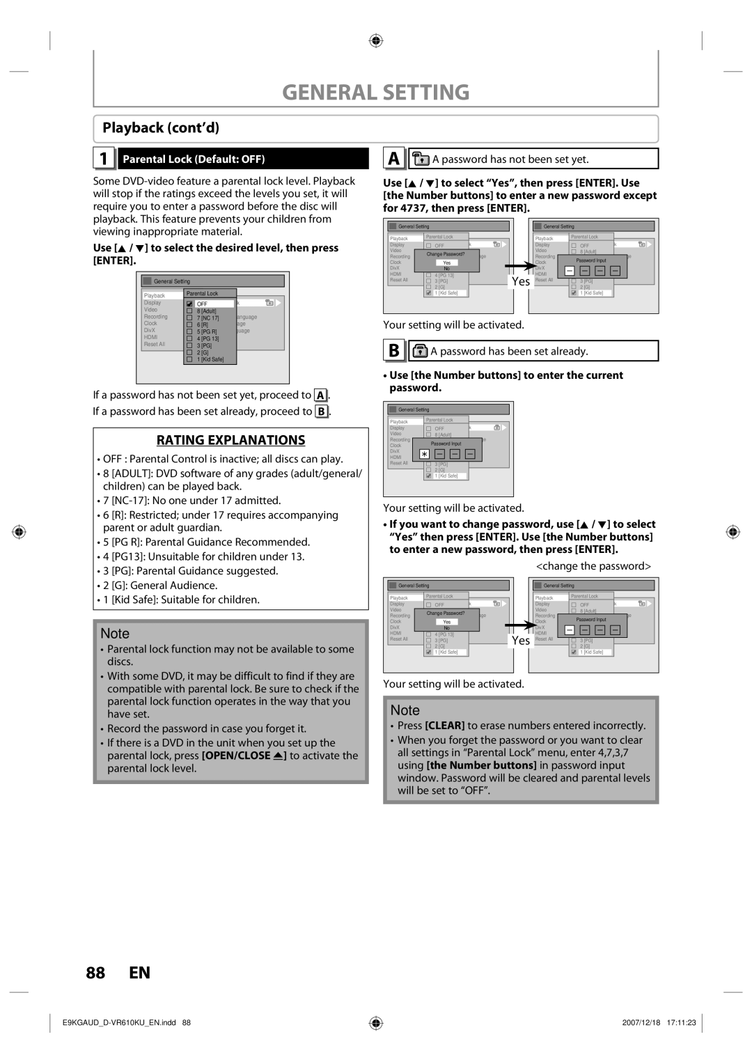 Toshiba D-VR610KU owner manual General Setting, Playback cont’d, Parental Lock Default OFF 