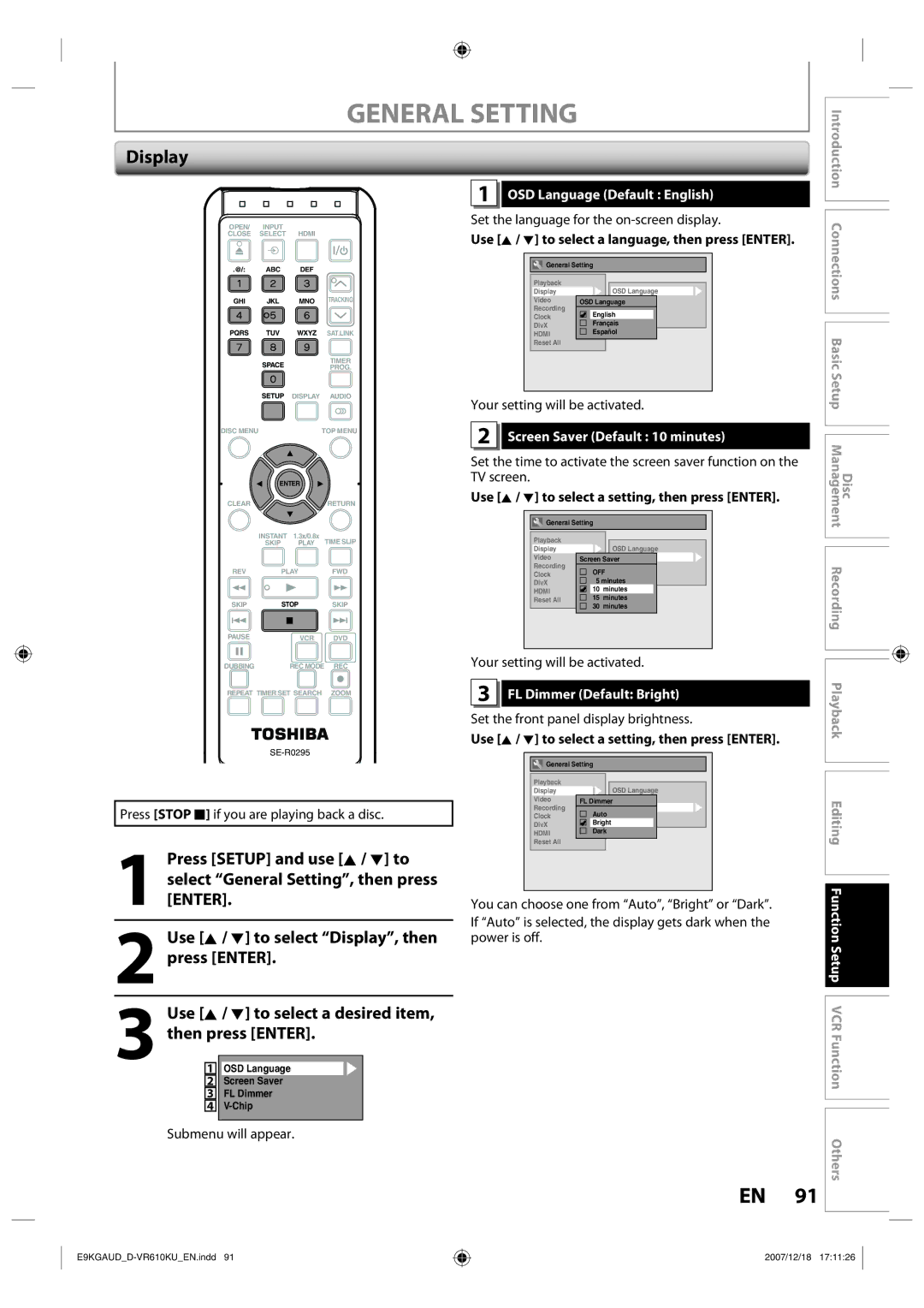 Toshiba D-VR610KU Display, OSD Language Default English, Screen Saver Default 10 minutes, FL Dimmer Default Bright 