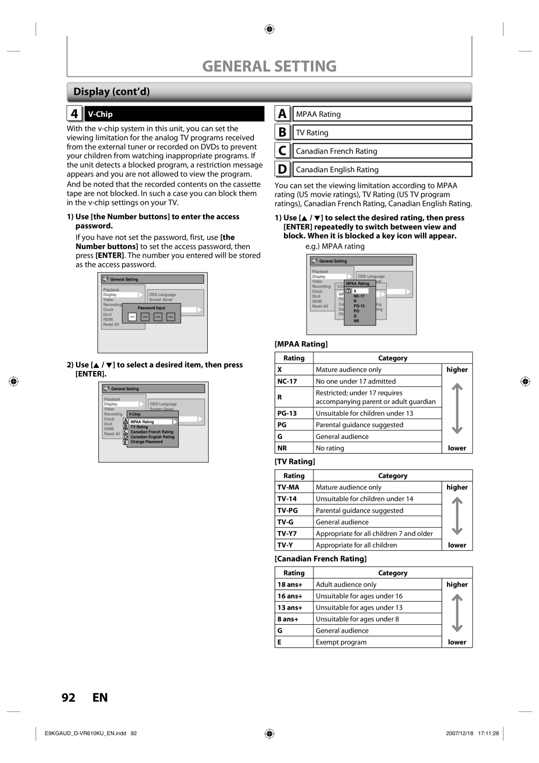 Toshiba D-VR610KU Display cont’d, Chip, Use the Number buttons to enter the access password, Canadian French Rating 