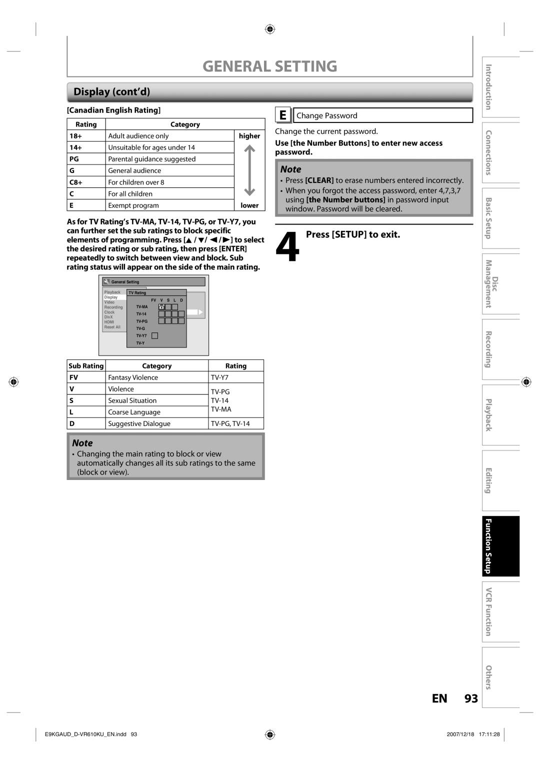 Toshiba D-VR610KU owner manual Canadian English Rating, Use the Number Buttons to enter new access password 