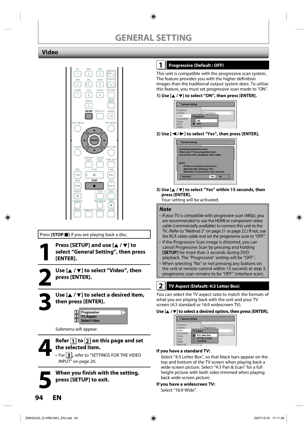 Toshiba D-VR610KU owner manual Video, Selected item, Refer 1 to 2 on this page and set, Progressive Default OFF 