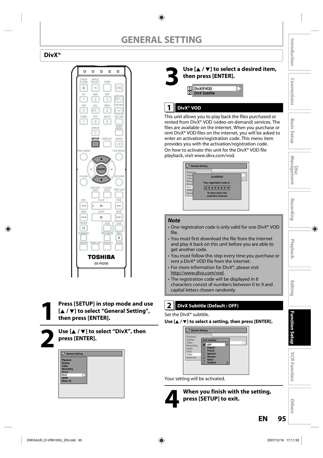 Toshiba D-VR610KU owner manual DivX VOD, DivX Subtitle Default OFF, Set the DivX subtitle 