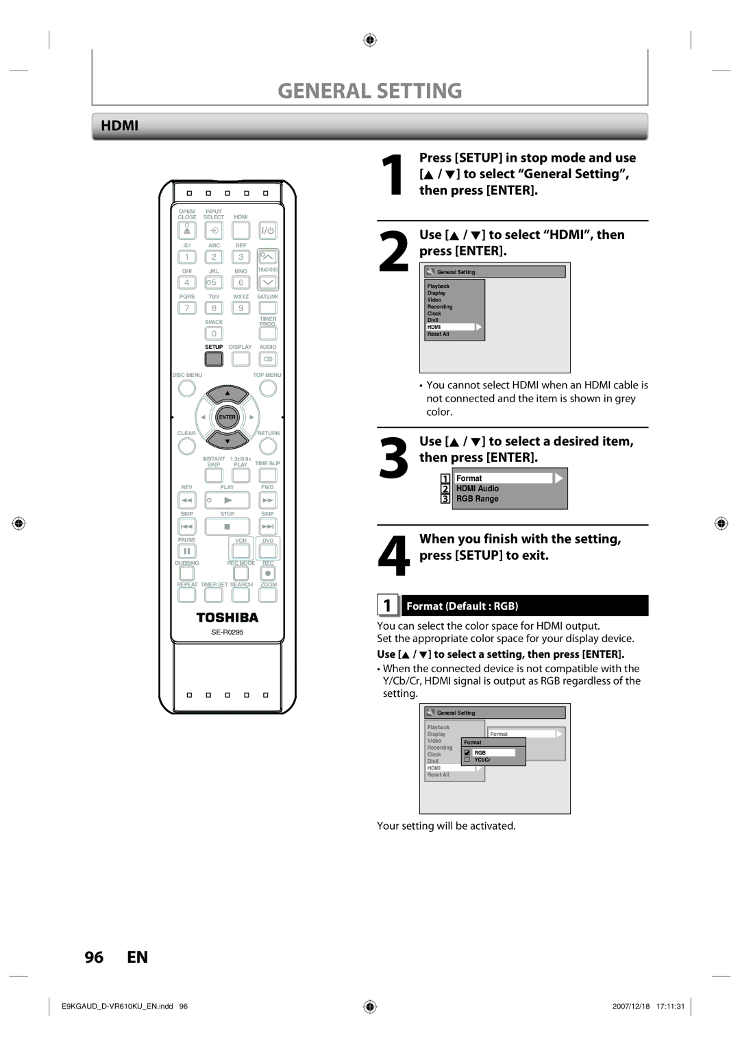 Toshiba D-VR610KU owner manual Use K / L to select HDMI, then press Enter, Format Default RGB 