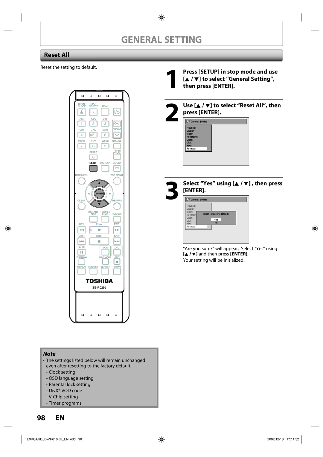 Toshiba D-VR610KU owner manual Reset All, Select Yes using K / L , then press Enter, Reset the setting to default 