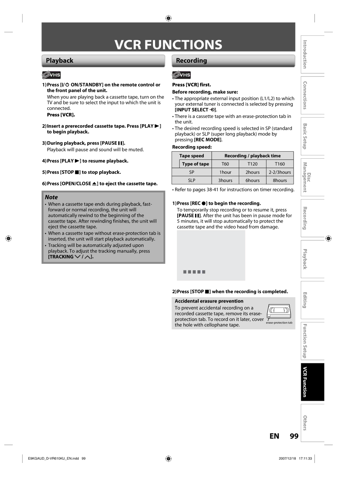 Toshiba D-VR610KU owner manual VCR Functions, Tracking, Press VCR first Before recording, make sure, Recording speed 