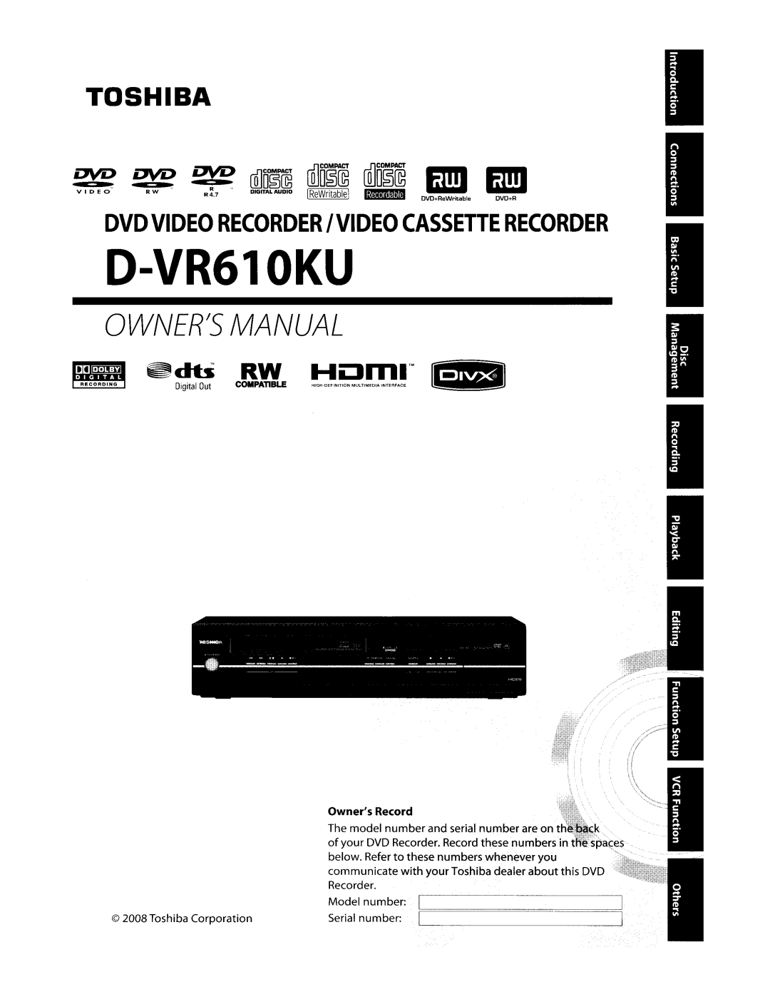 Toshiba D-VR610KU manual Toshiba, Owner5 Record 