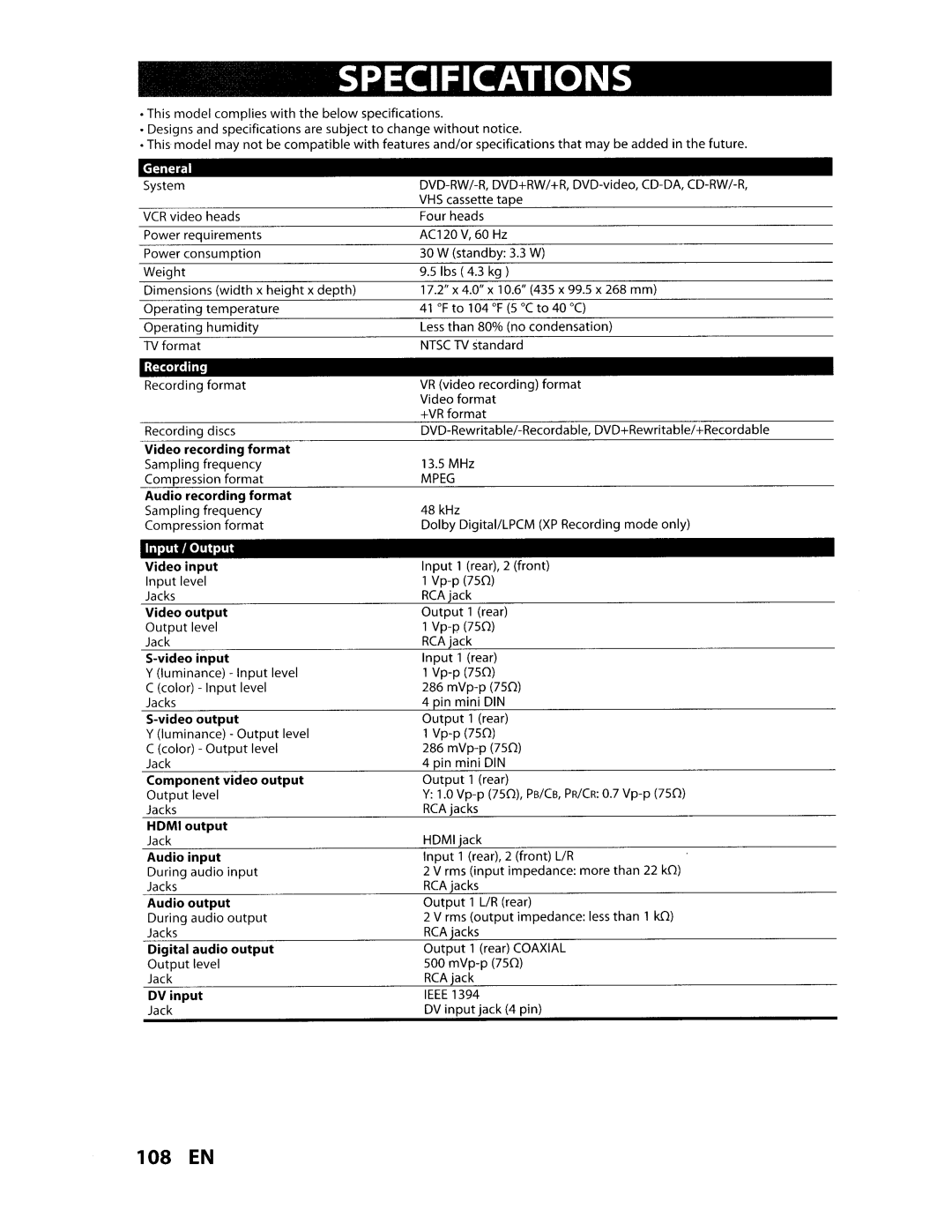 Toshiba D-VR610KU manual Specifications, 108 EN 