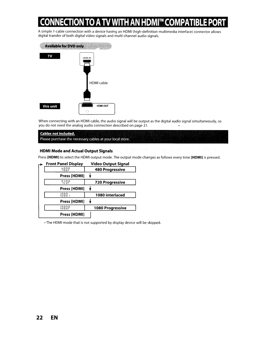 Toshiba D-VR610KU manual 22 EN, Homi Mode and Actual Output Signals, Interlaced, Progressive Press Homi 