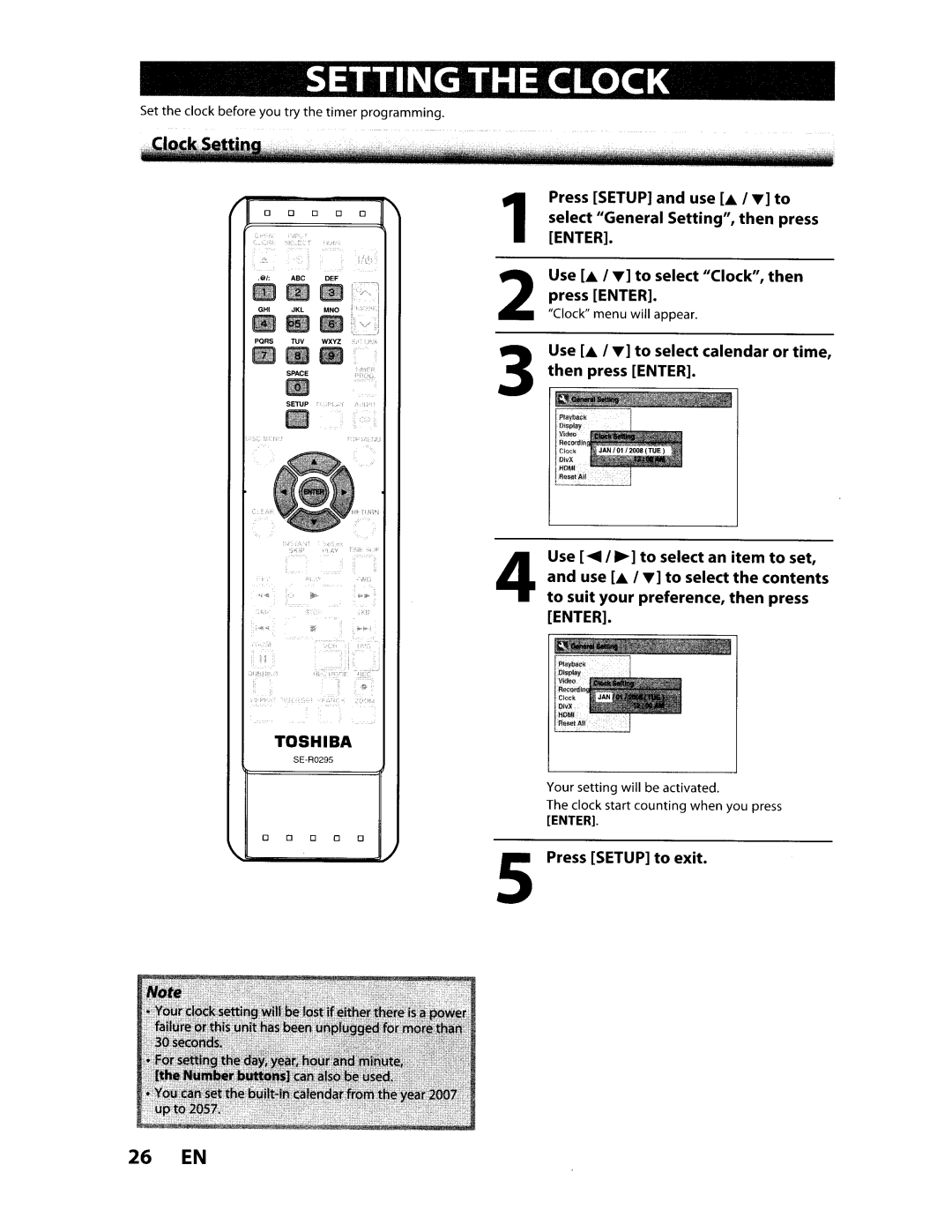 Toshiba D-VR610KU manual Setting the Clock, 26 EN, Use .& I~ to select calendar or time Then press Enter 