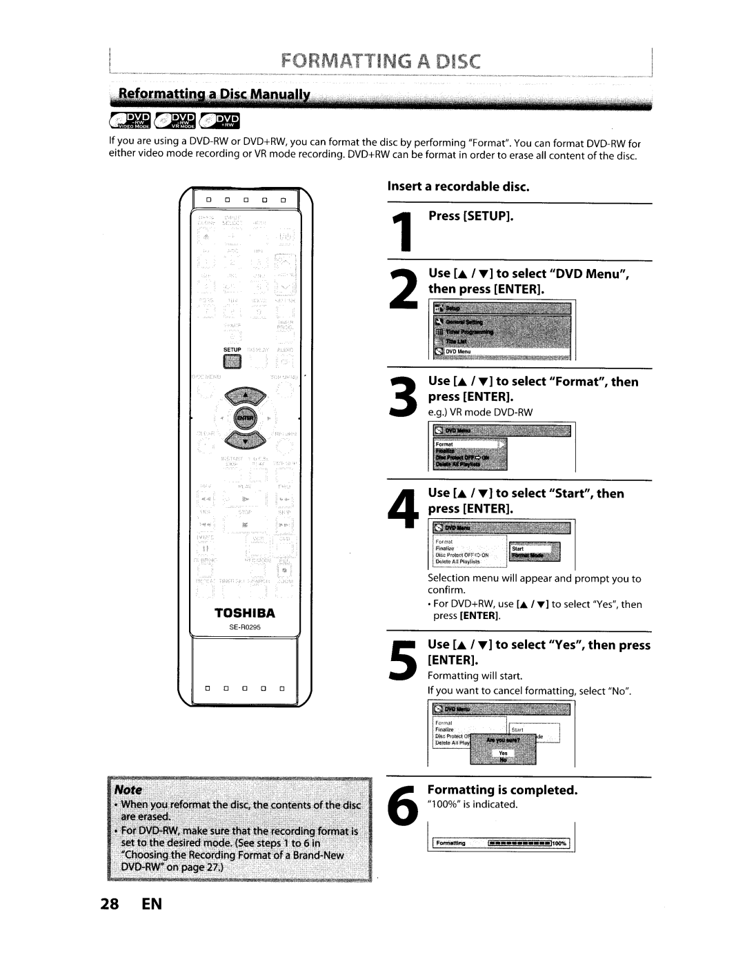 Toshiba D-VR610KU manual Fo.Rmattingadisc ,..J, 28 EN 