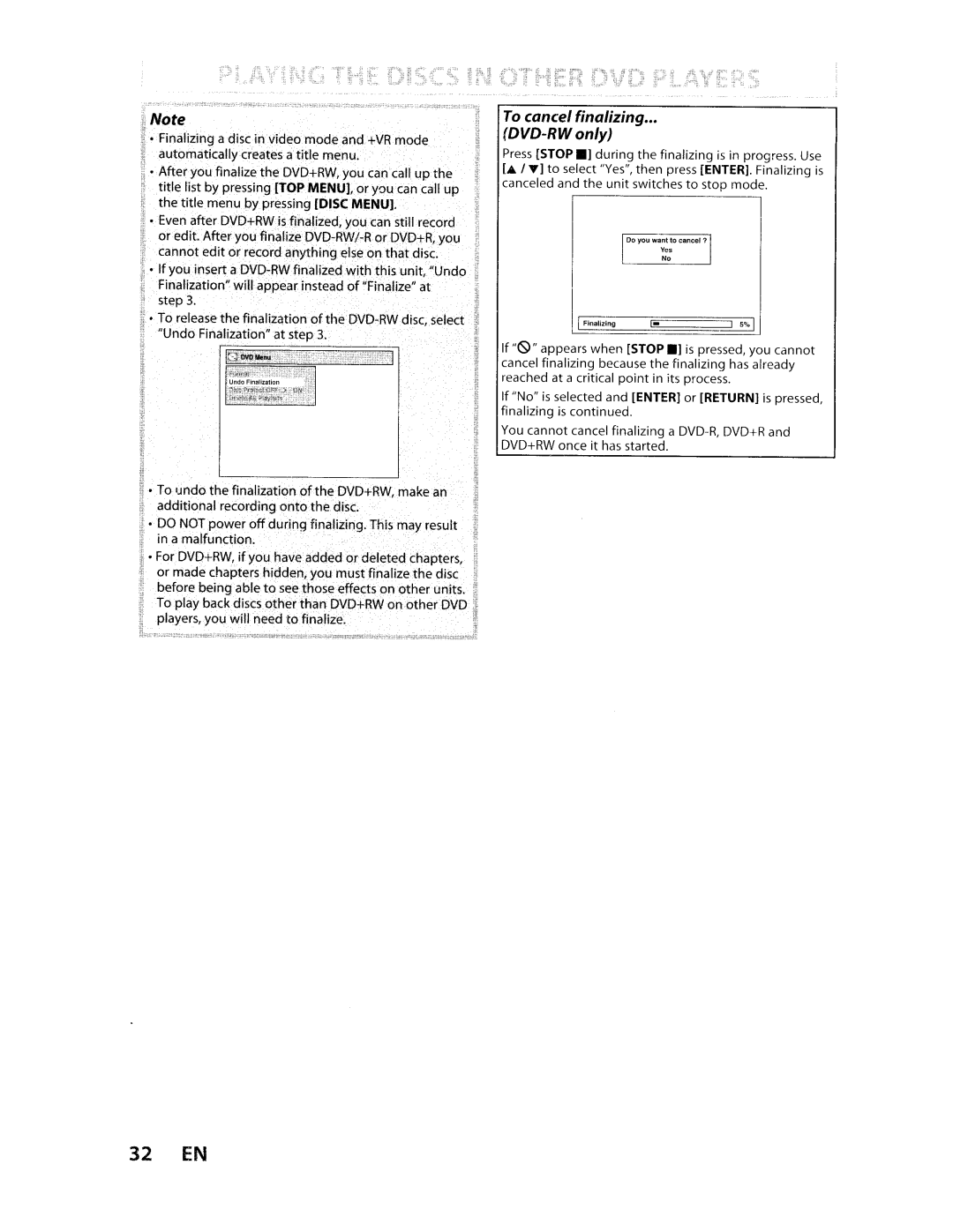 Toshiba D-VR610KU manual 32 EN, To cancel finalizing DVD-RWonly 