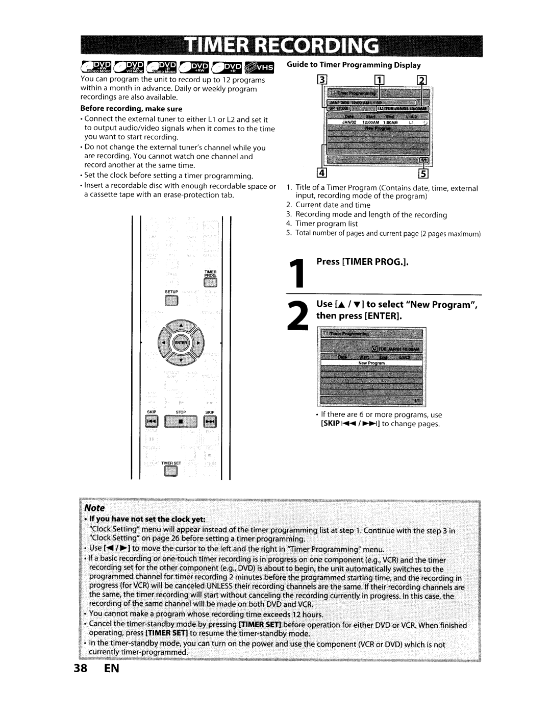 Toshiba D-VR610KU manual Timer Recording, 38 EN, Press Timer Prog, Use LA. I ... to select IINew Program Then press Enter 