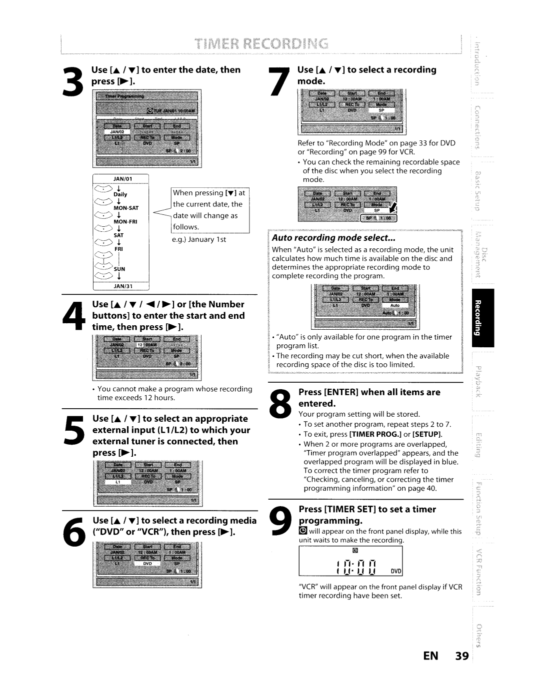 Toshiba D-VR610KU manual Use L& T to enter the date, then Press ~, Use T to select a recording Mode 