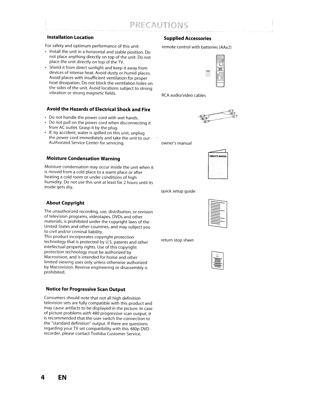 Toshiba D-VR610KU manual Installation Location, Supplied Accessories, Avoid the Hazards of Electrical Shock and Fire 