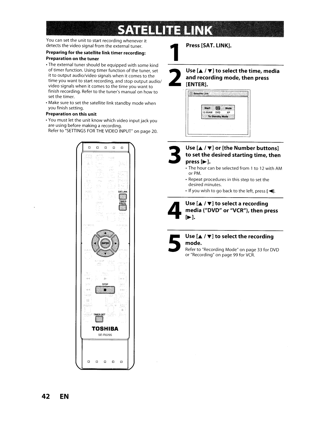 Toshiba D-VR610KU manual Satellite Link, 42 EN, Preparation on this unit, If you wish to go back to the left, press ~l 