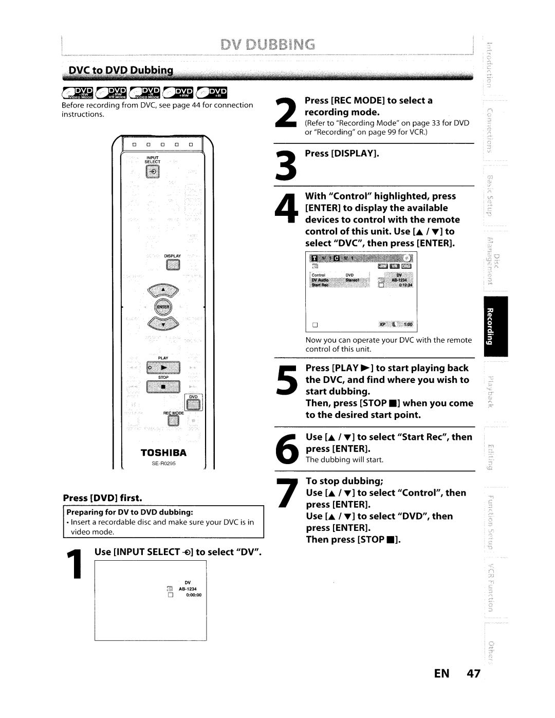 Toshiba D-VR610KU manual Press DVD first, Use Input Select -E to select DV, Preparing for DV to DVD dubbing 