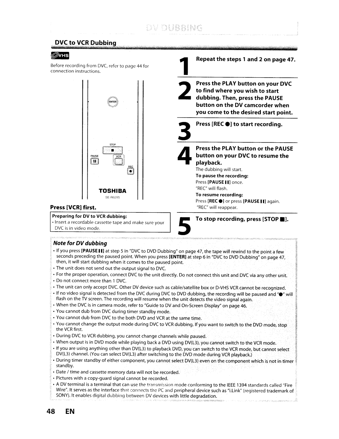 Toshiba D-VR610KU manual 48 EN, Press VCR first, To stop recording, press Stop 