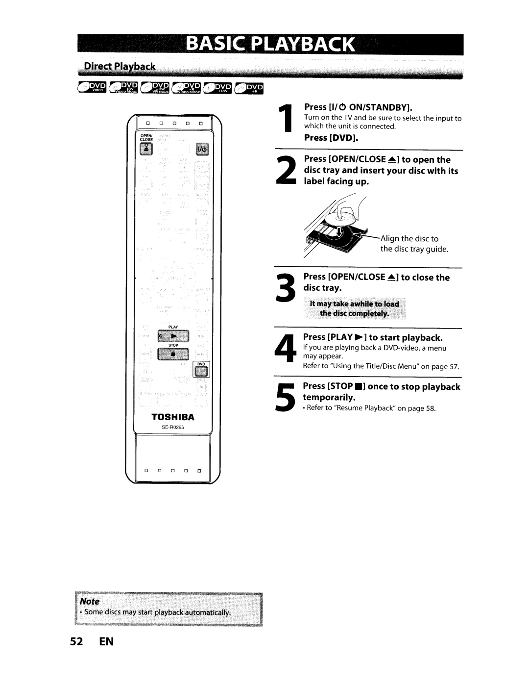 Toshiba D-VR610KU manual 52 EN, Press OPEN/CLOSE ... to close Disc tray, Press Play ~ to start playback 