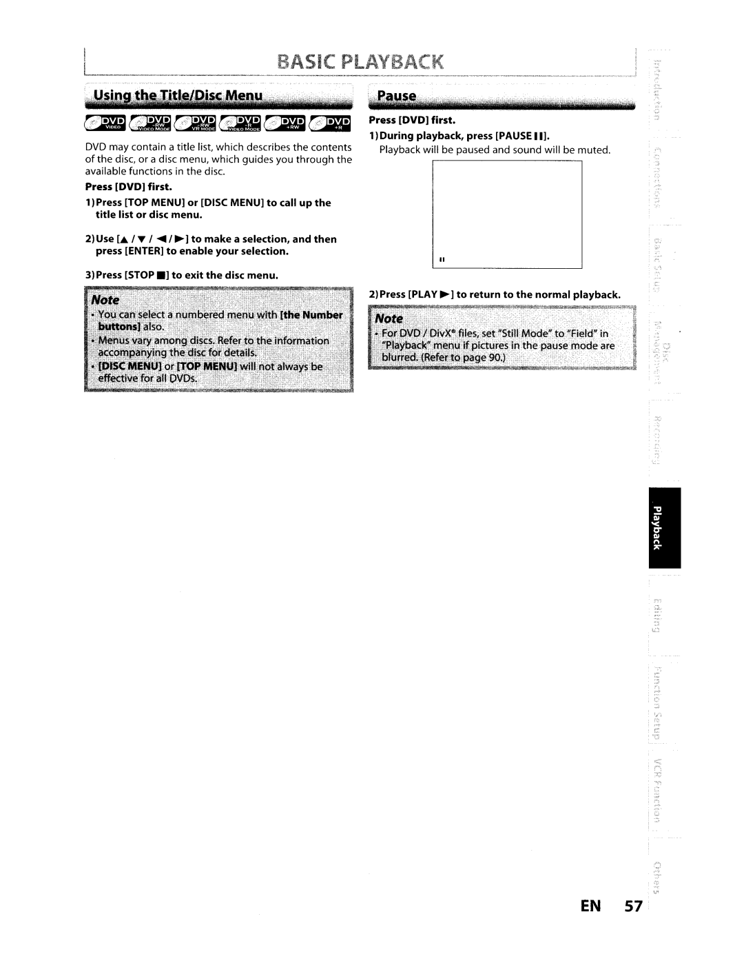 Toshiba D-VR610KU manual Basic Playback, Press DVD first During playback, press Pause 