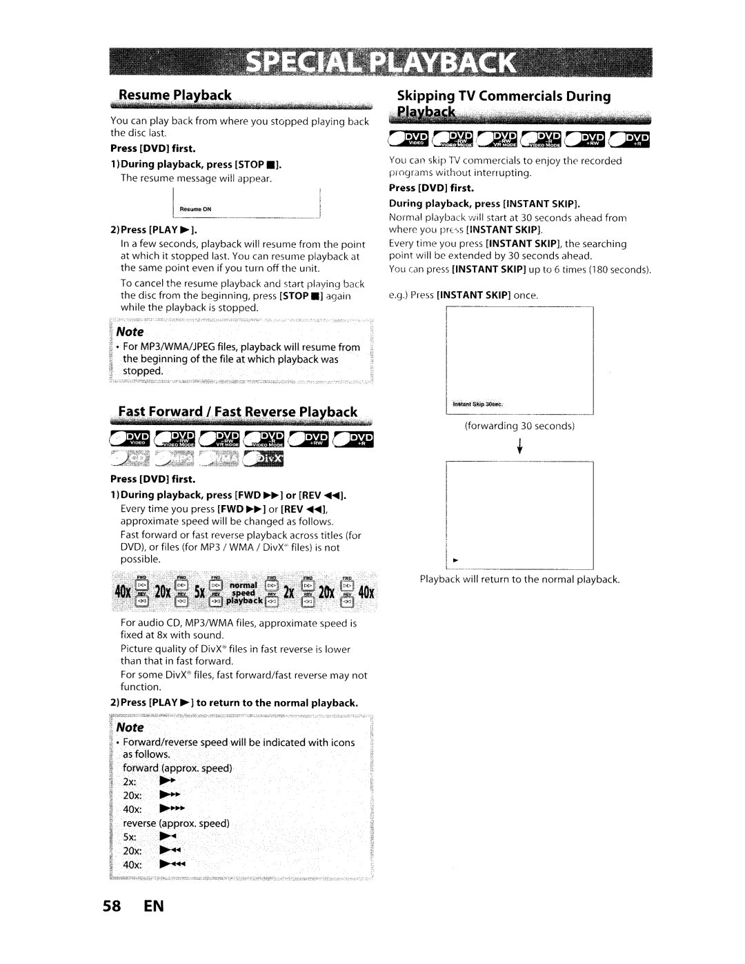 Toshiba D-VR610KU manual 58 EN, 2Press IPLAY~, Press Idvd first During playback, press Instant Skip 