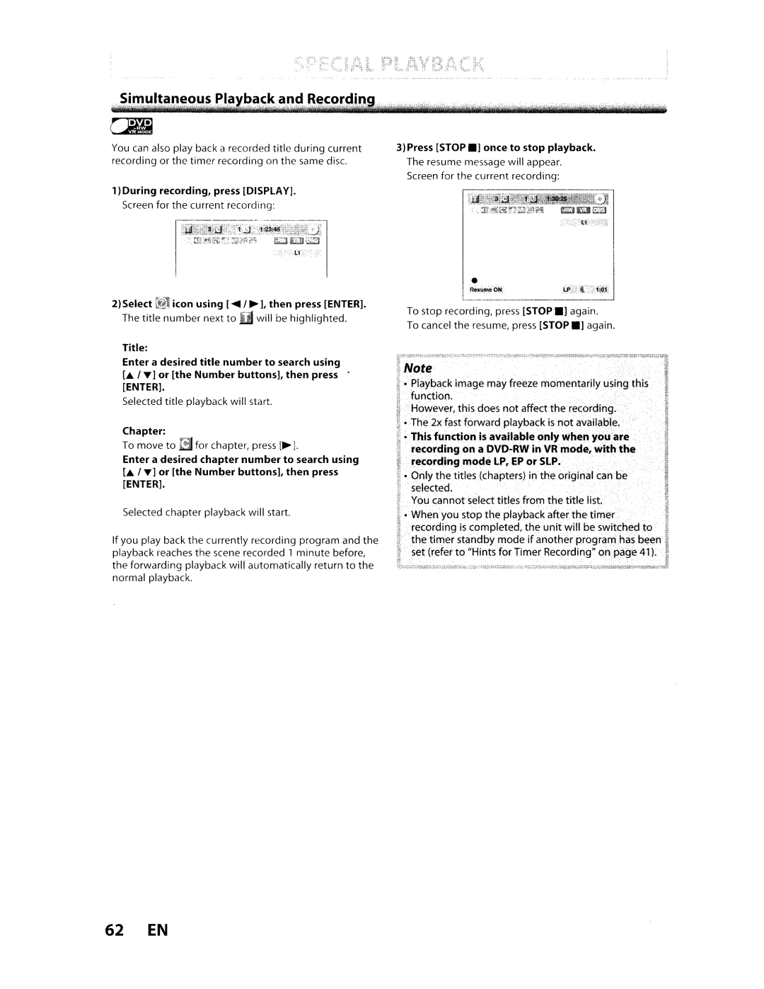 Toshiba D-VR610KU manual 62 EN, During recording. press Displavi, Chapter 