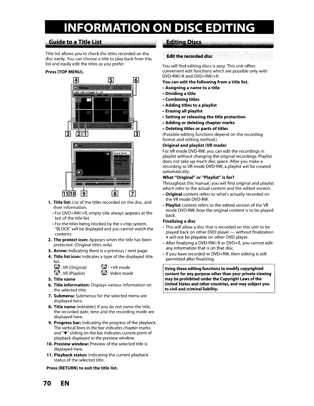 Toshiba D-VR610KU manual Iting, 70 EN 