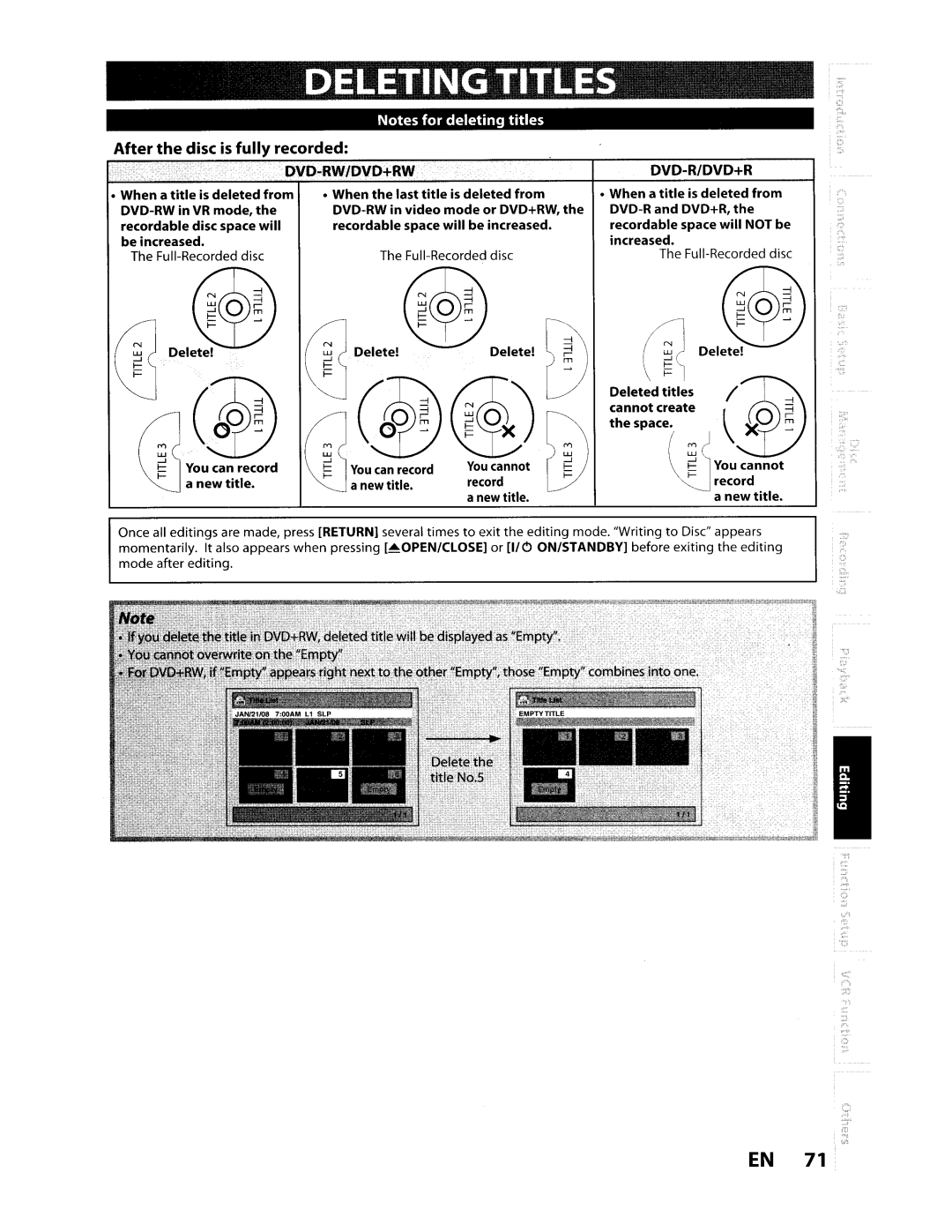 Toshiba D-VR610KU manual Deleting Titles, After the disc is fully recorded 