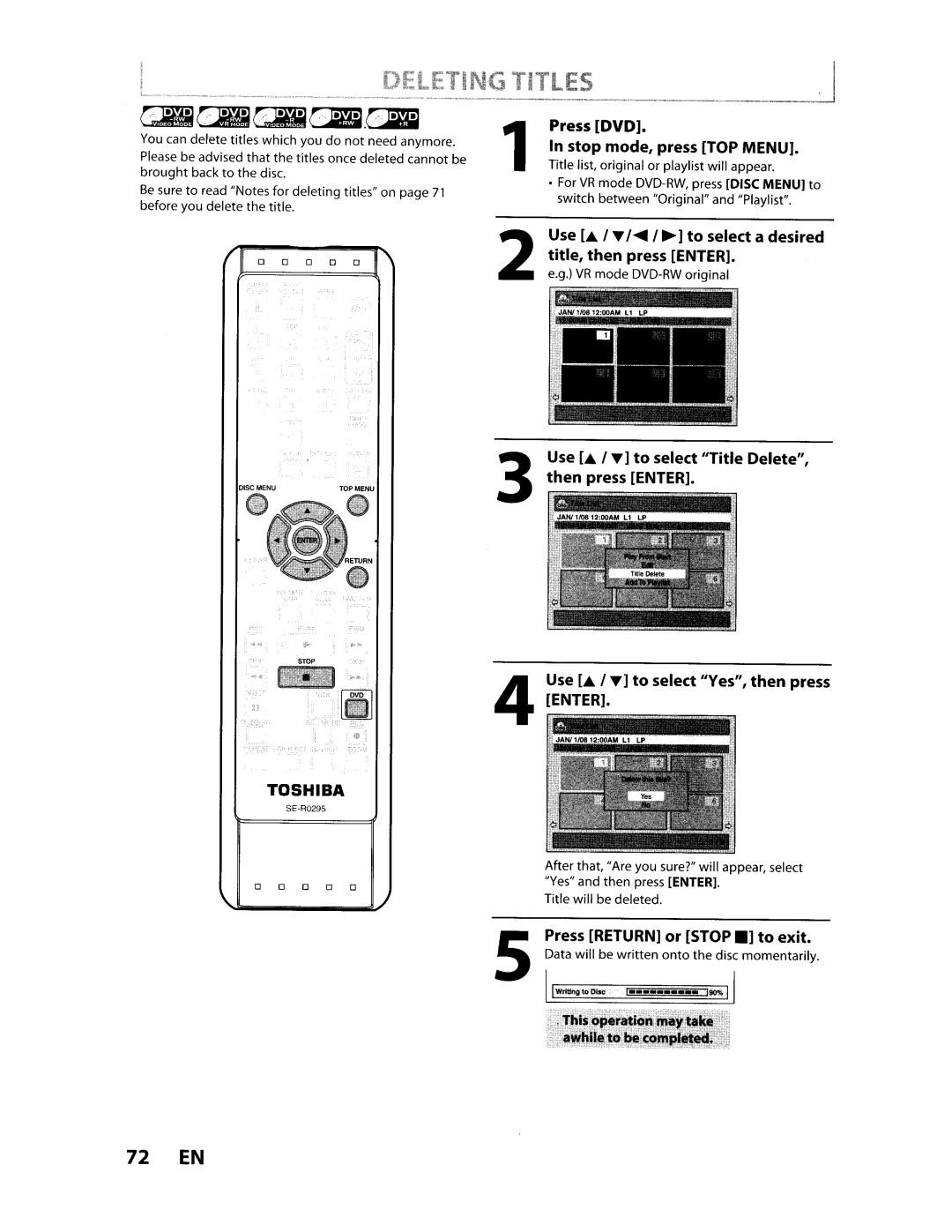 Toshiba D-VR610KU manual 72 EN, Press DVD, Stop mode, press TOP Menu, Use . ,-.. to select Yes, then press Enter 