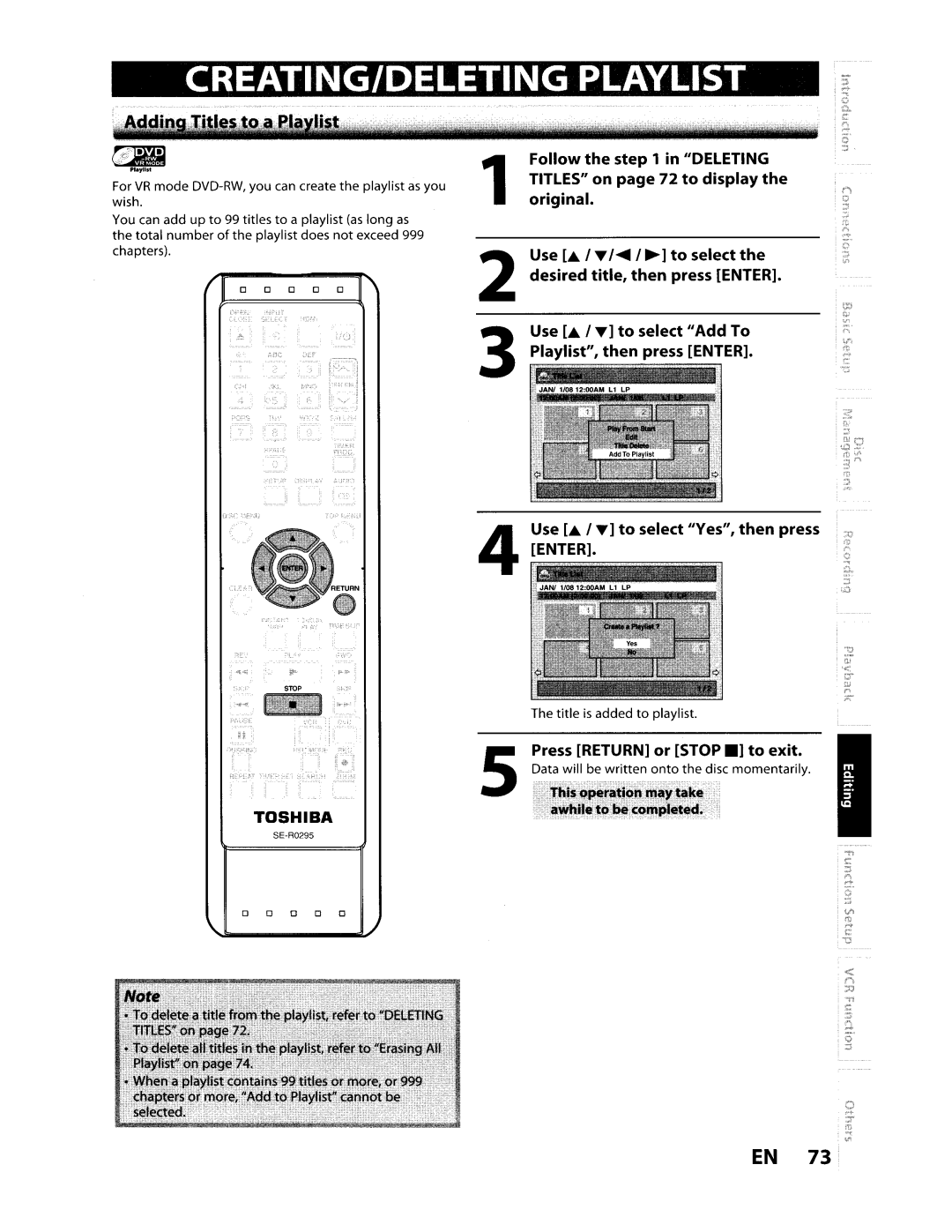 Toshiba D-VR610KU EN 73, Follow the in Deleting, Titles on page 72 to display, Original, Press Return or Stop . to exit 