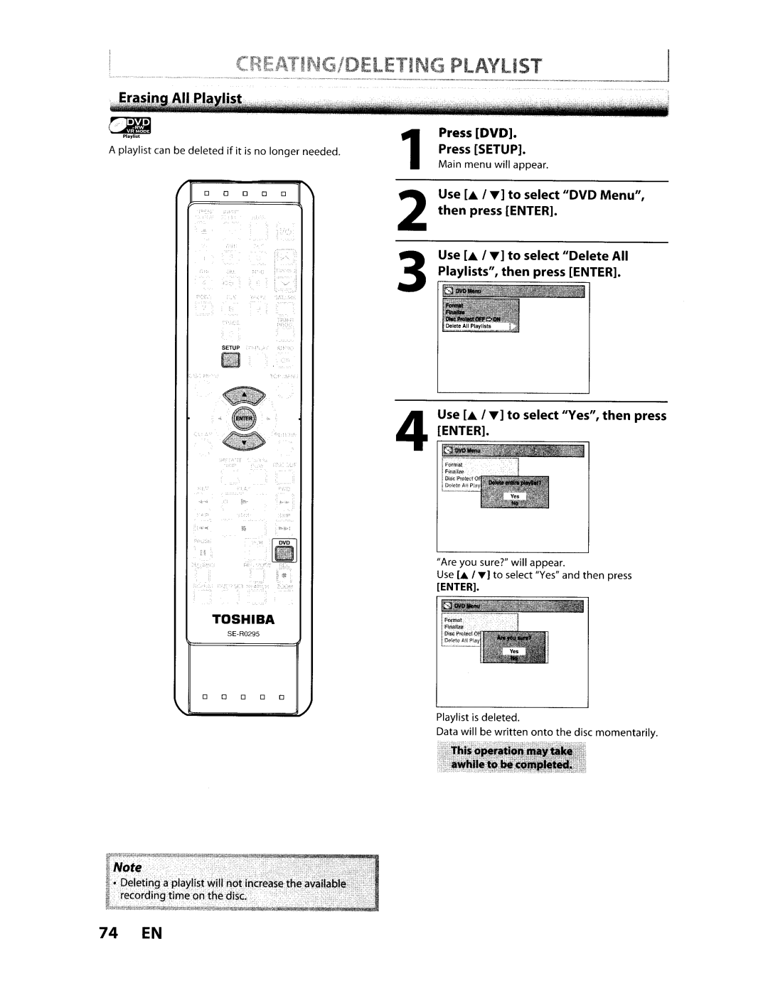 Toshiba D-VR610KU manual 74 EN, Press DYD Press Setup 