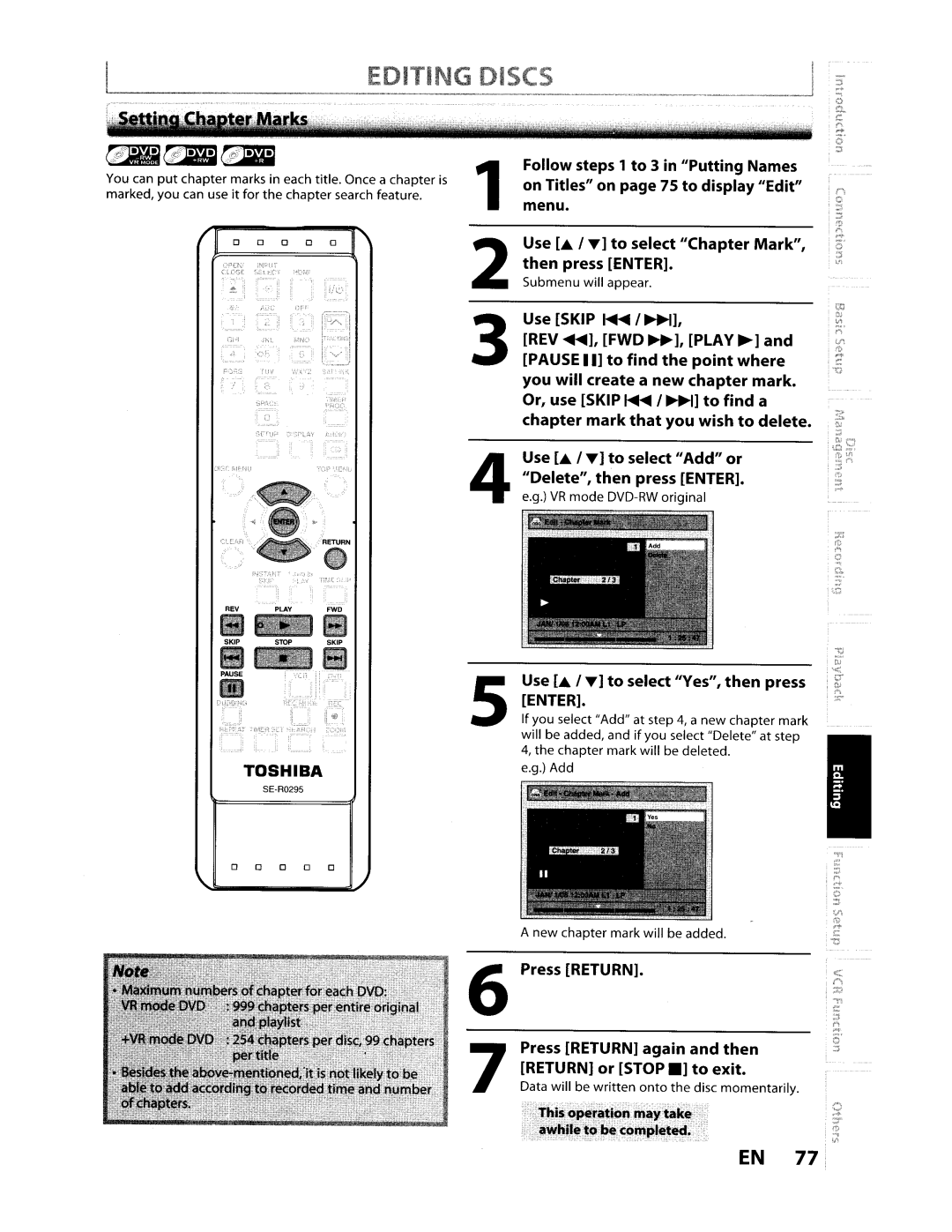 Toshiba D-VR610KU manual Editing Discs, Use . / T to select Ves, then press Enter 