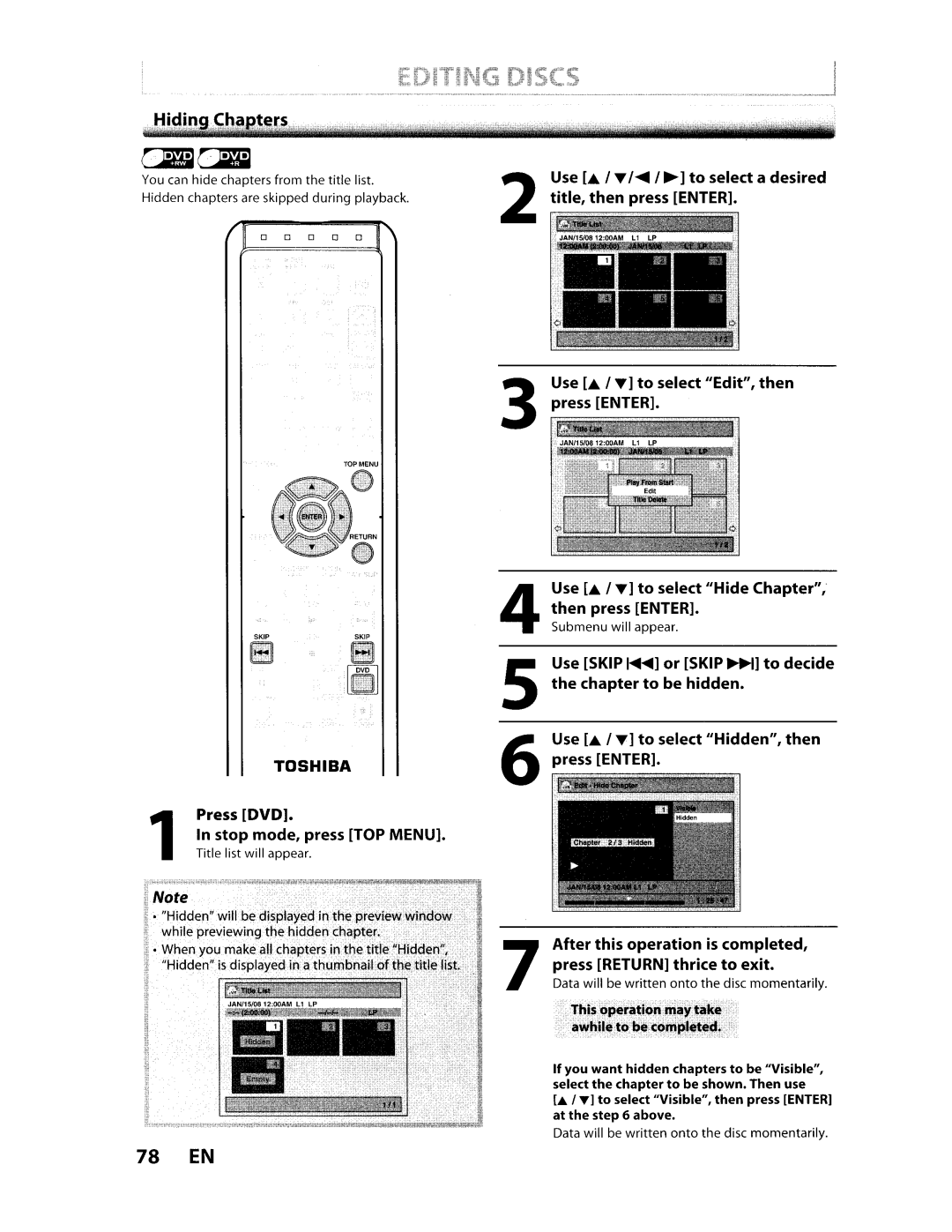 Toshiba D-VR610KU manual 78 EN, 1T to select Visible, then press Enter at the above 