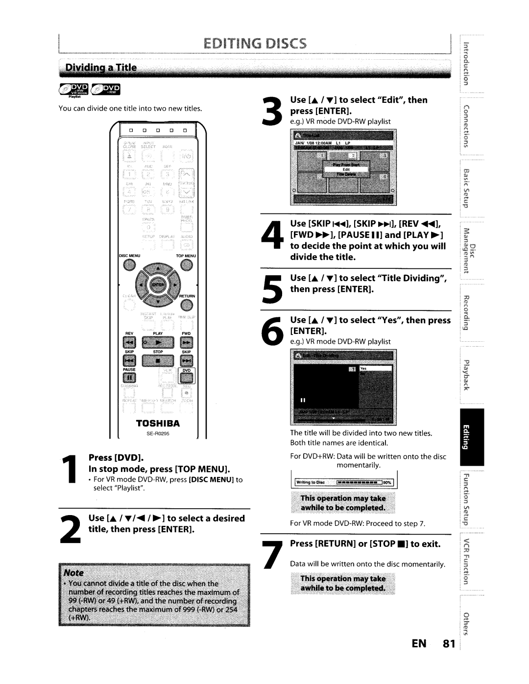 Toshiba D-VR610KU manual Use . , ... to select Edit, then Press Enter, Press DVD Stop mode, press TOP Menu 