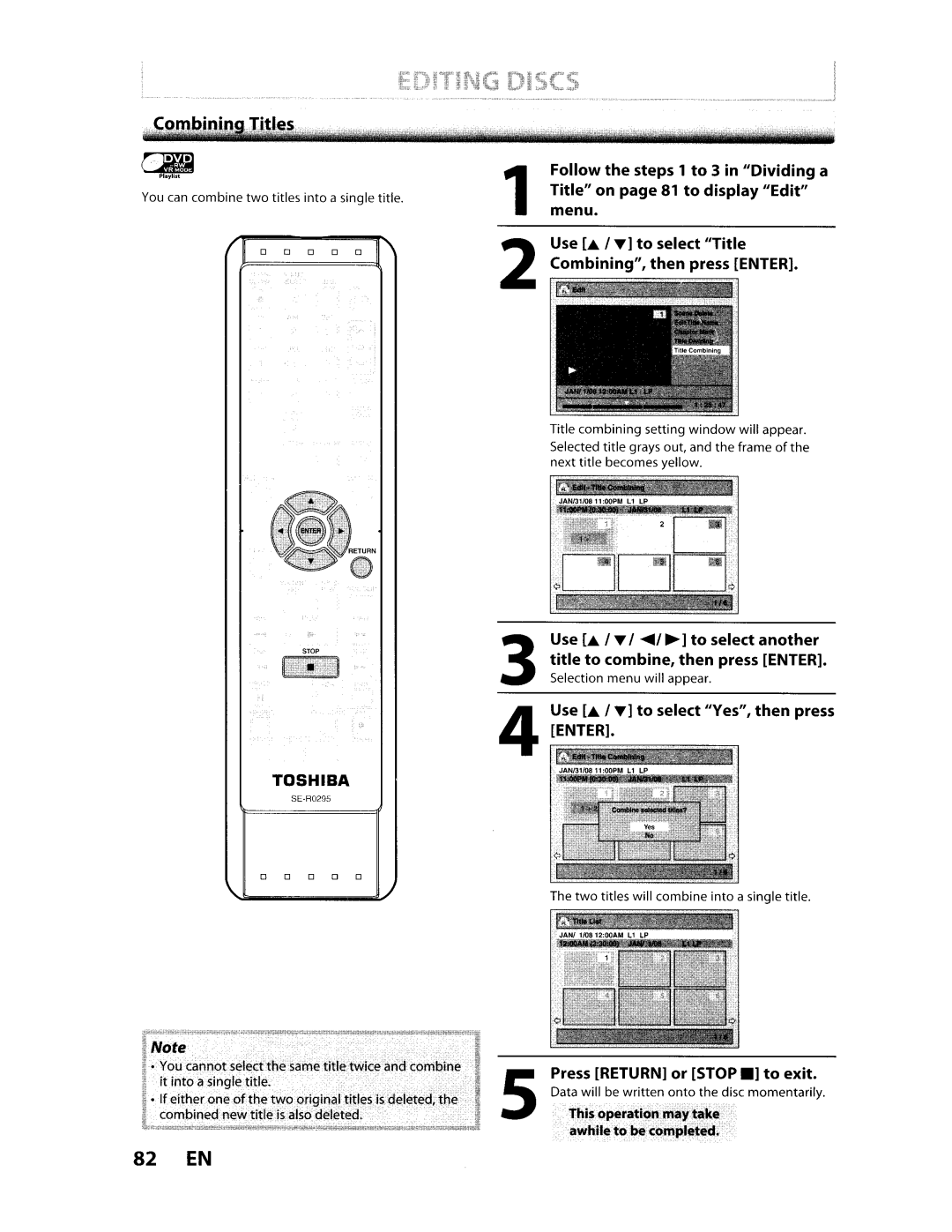 Toshiba D-VR610KU 82 EN, ~ to select another, Title to combine, then press Enter, Use ..&. / T to select Yes, then press 