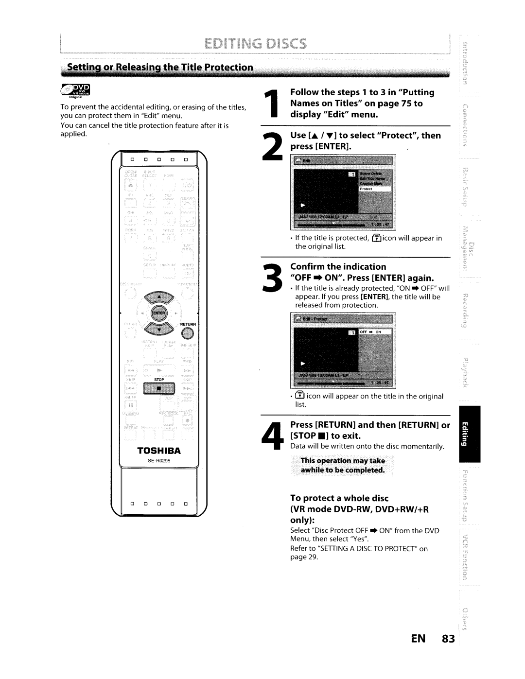 Toshiba D-VR610KU manual Confirm the indication OFF. ON. Press Enter again, Press Return and then Return or Stop . to exit 