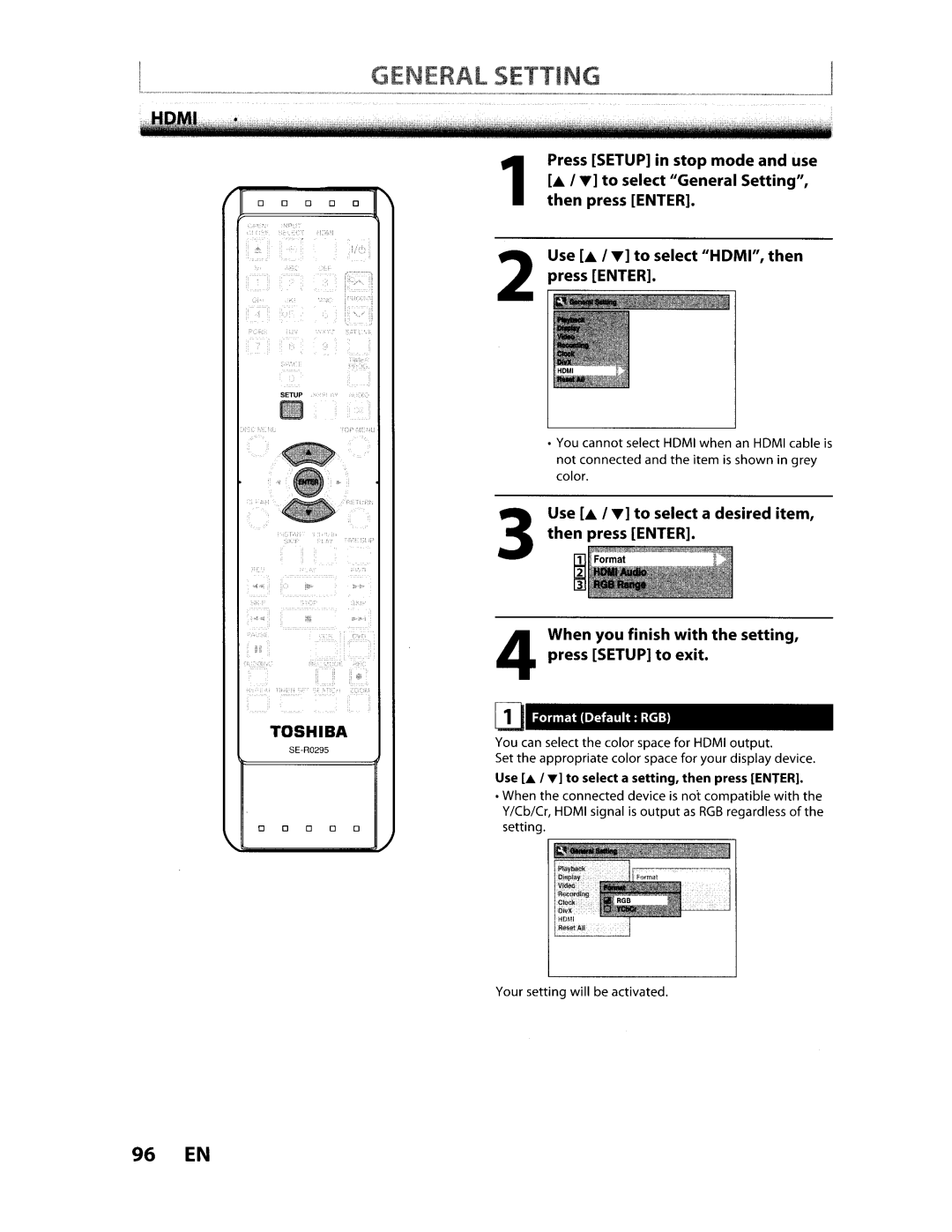 Toshiba D-VR610KU manual 96 EN, Format Default RGB, Use .&. I T to select a setting, then press Enter 