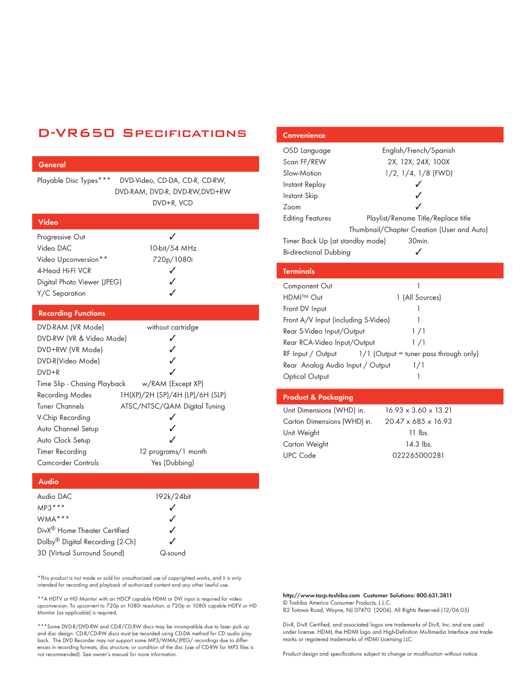 Toshiba D-VR650 manual VR650 Specifications 